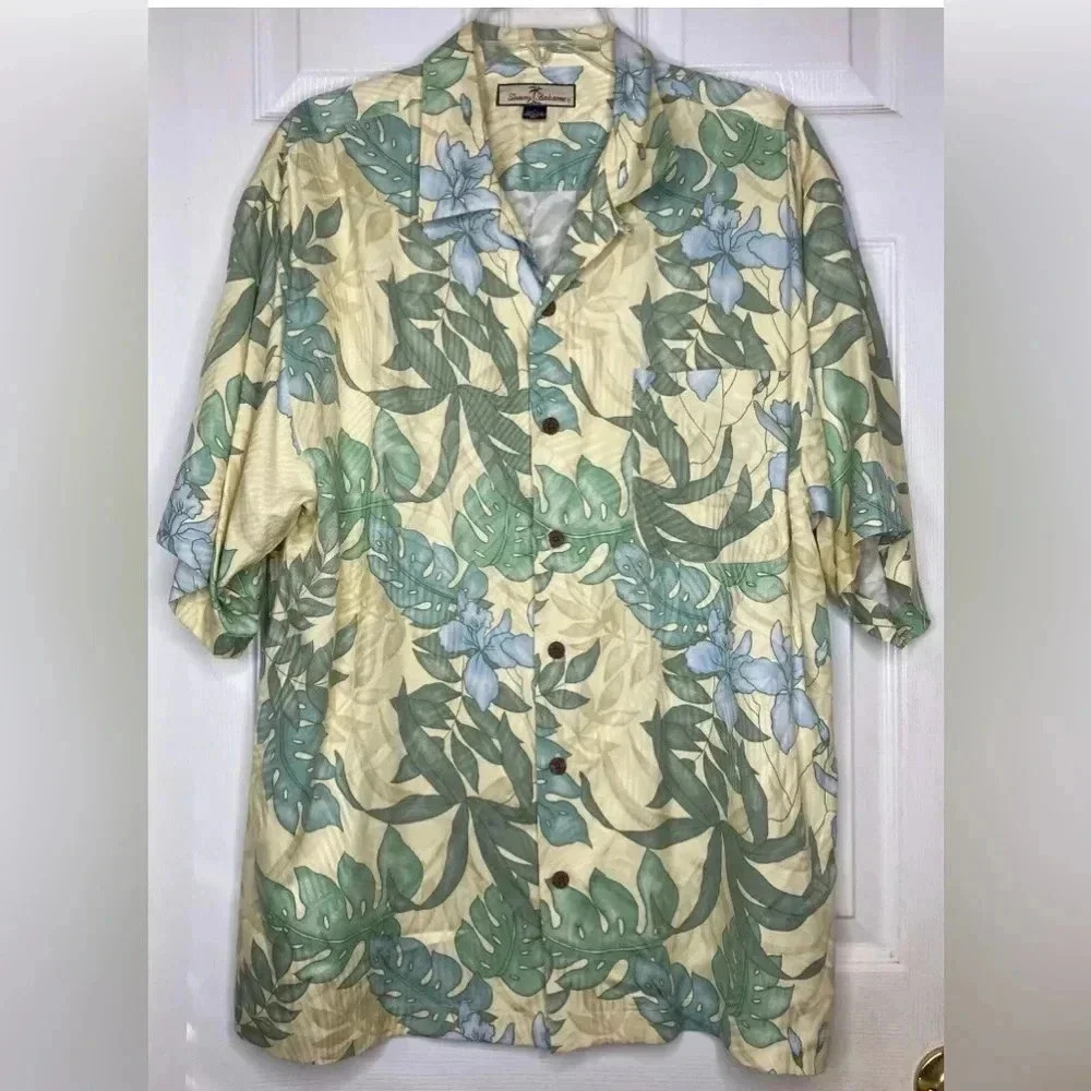 TOMMY BAHAMA yellow Green 100% Silk Floral Leaf Print Button Up S/s Shirt Large
